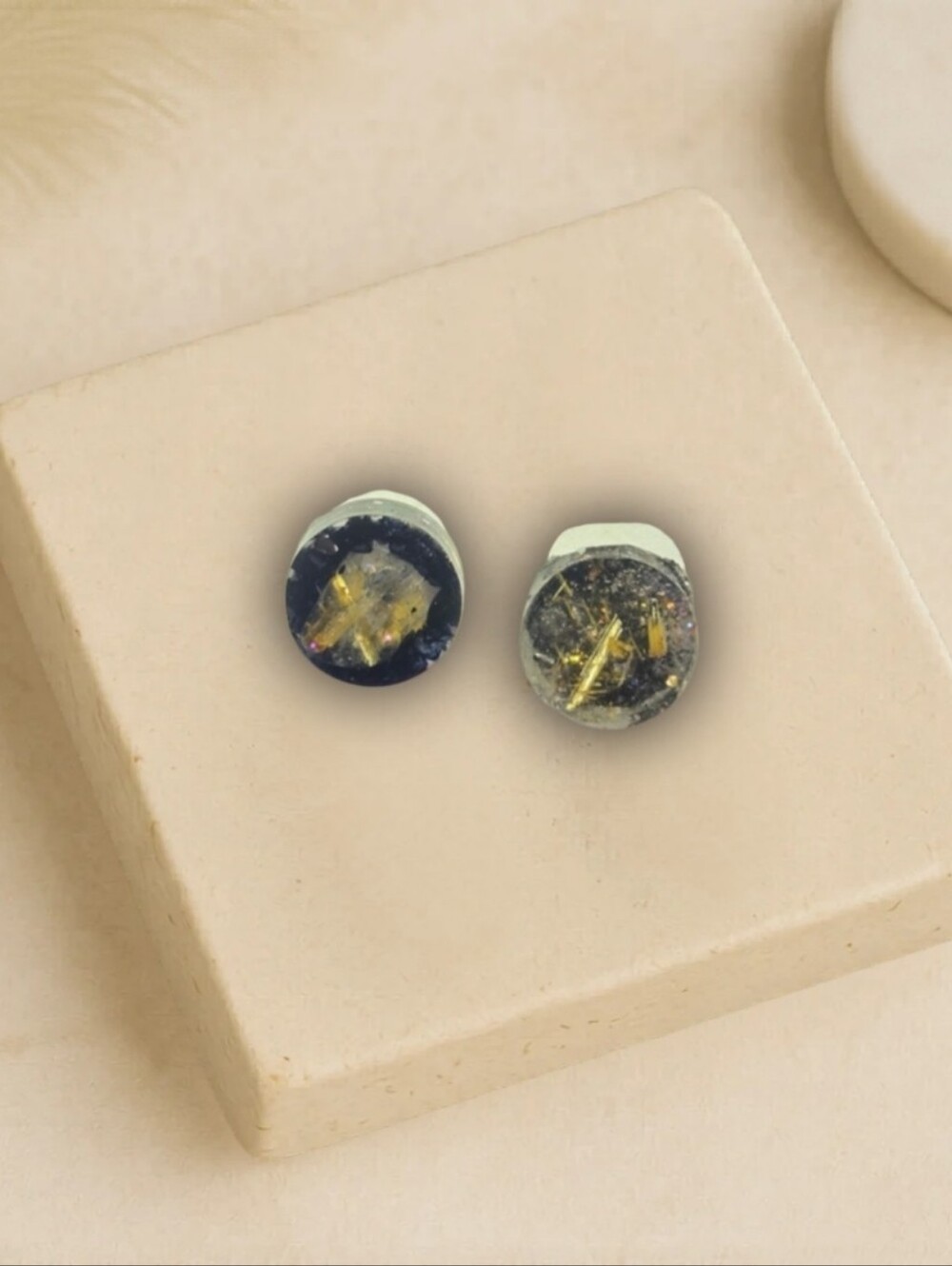Black and Gold Rutilated Quartz Round Resin Stud Earrings